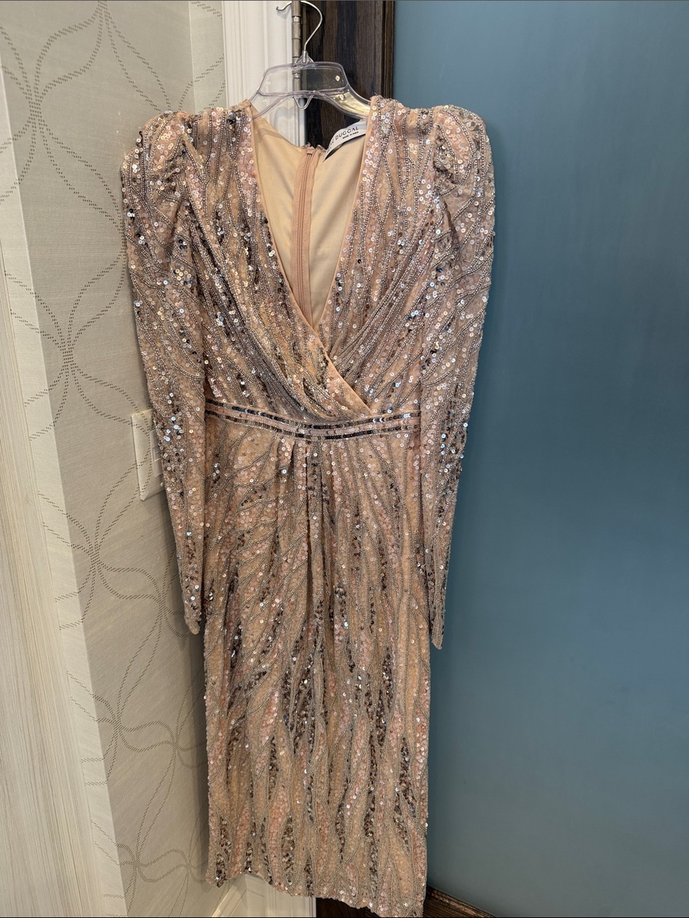 Mac Duggal Rose Gold Sequin Long Sleeve Gown